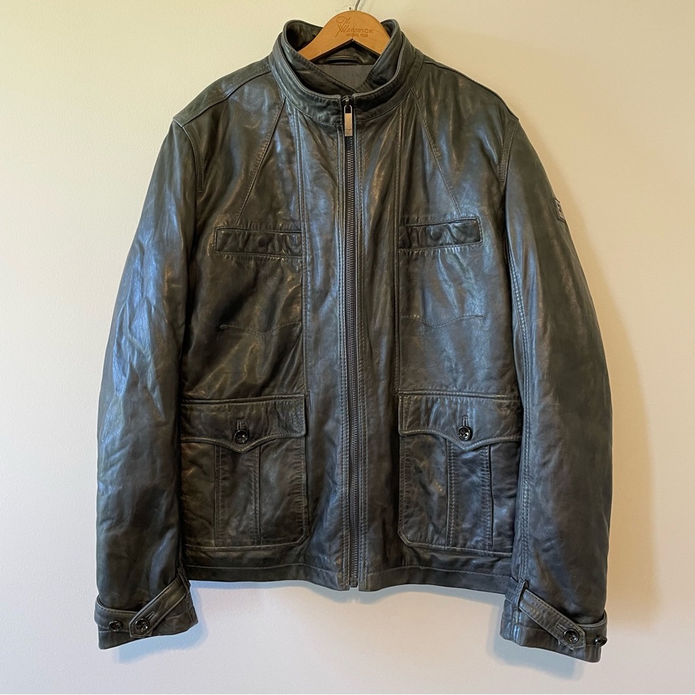 Hugo Boss Men's Dark Green Leather Field Jacket